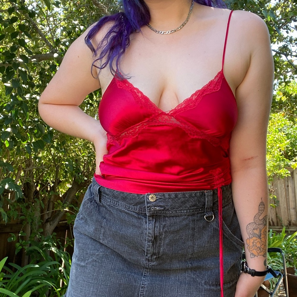 Red Silky Lace Cami Top with Cinching